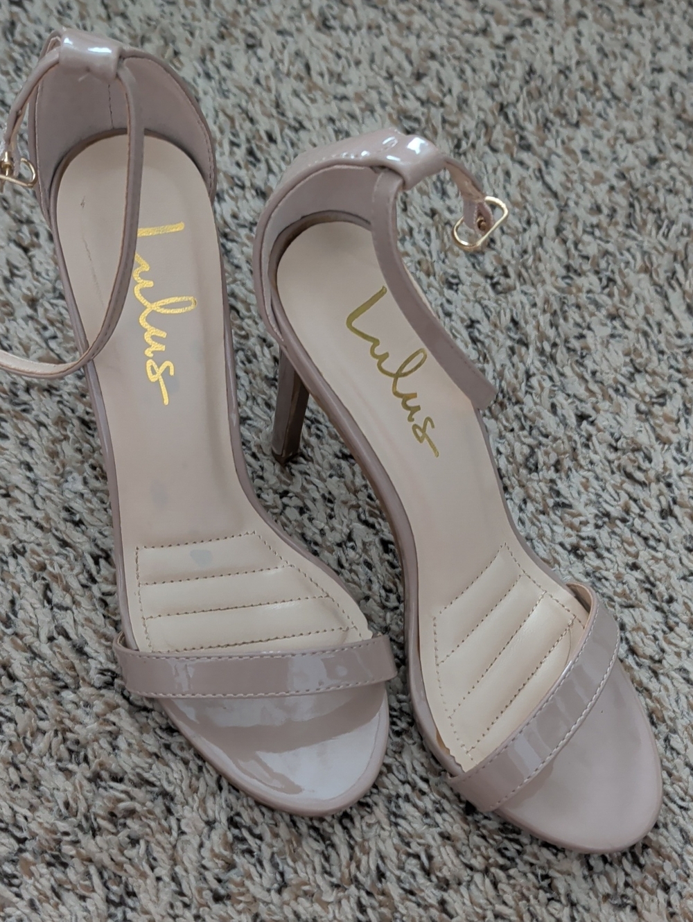 Lulu's Nude Patent Ankle-Strap High Heel Sandals
